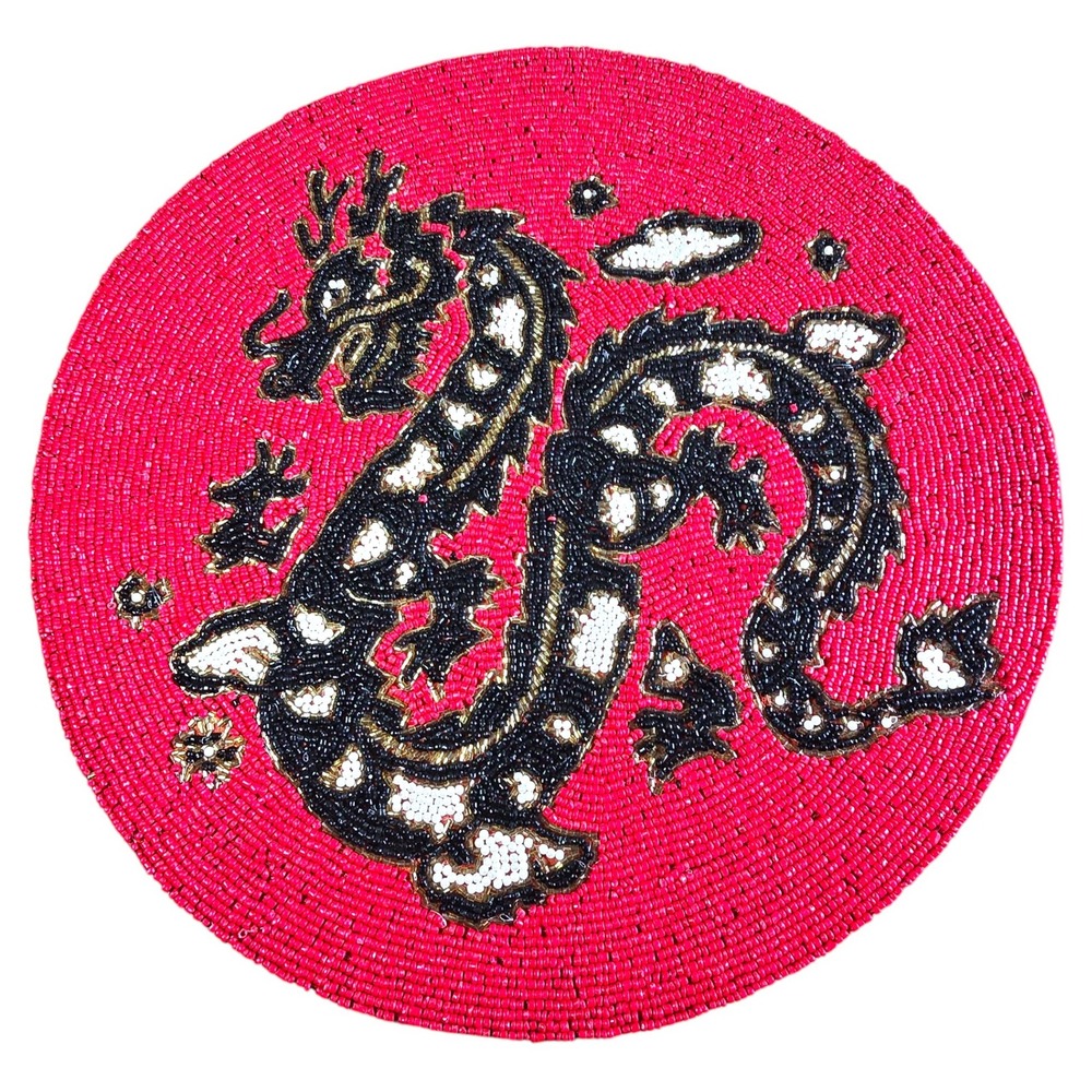 2024 Year of the Dragon Beaded Charger 15 Inch Round Red Black Gold Placemat NEW